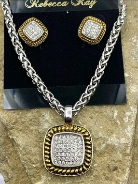 Classic Gold & Silver Pendant Necklace & Earrings Set